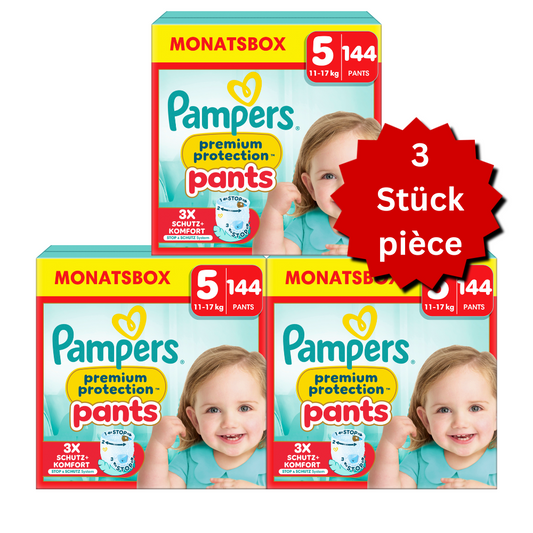 Pampers Premium Protection Pants T5 Junior 12-17kg (3x144 pces) PROMOTION 3 boîtes mensuelles