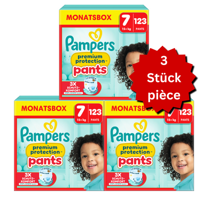 Pampers Premium Protection Pants T7 XXL 15+kg (3x123 pces) PROMOTION 3 boîtes mensuelles