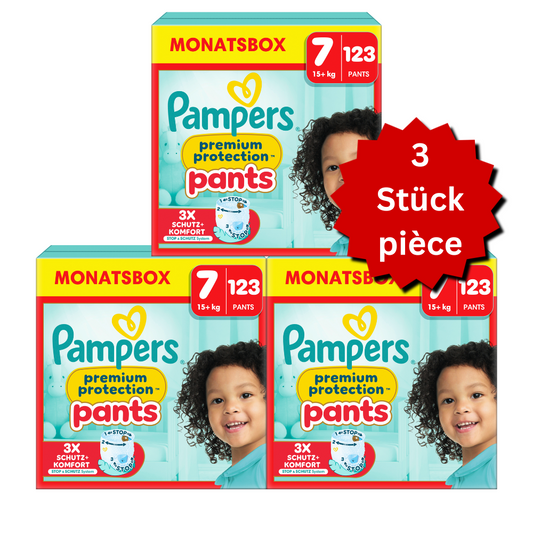Pampers Premium Protection Pants T7 XXL 15+kg (3x123 pces) PROMOTION 3 boîtes mensuelles
