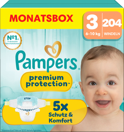 Pampers Premium Protection T3 Midi 6-10kg (3x204 pces) PROMOTION 3 boîtes mensuelles