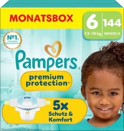 Pampers Premium Protection T6 XL 13+kg (3x144 pces) PROMOTION 3 boîtes mensuelles