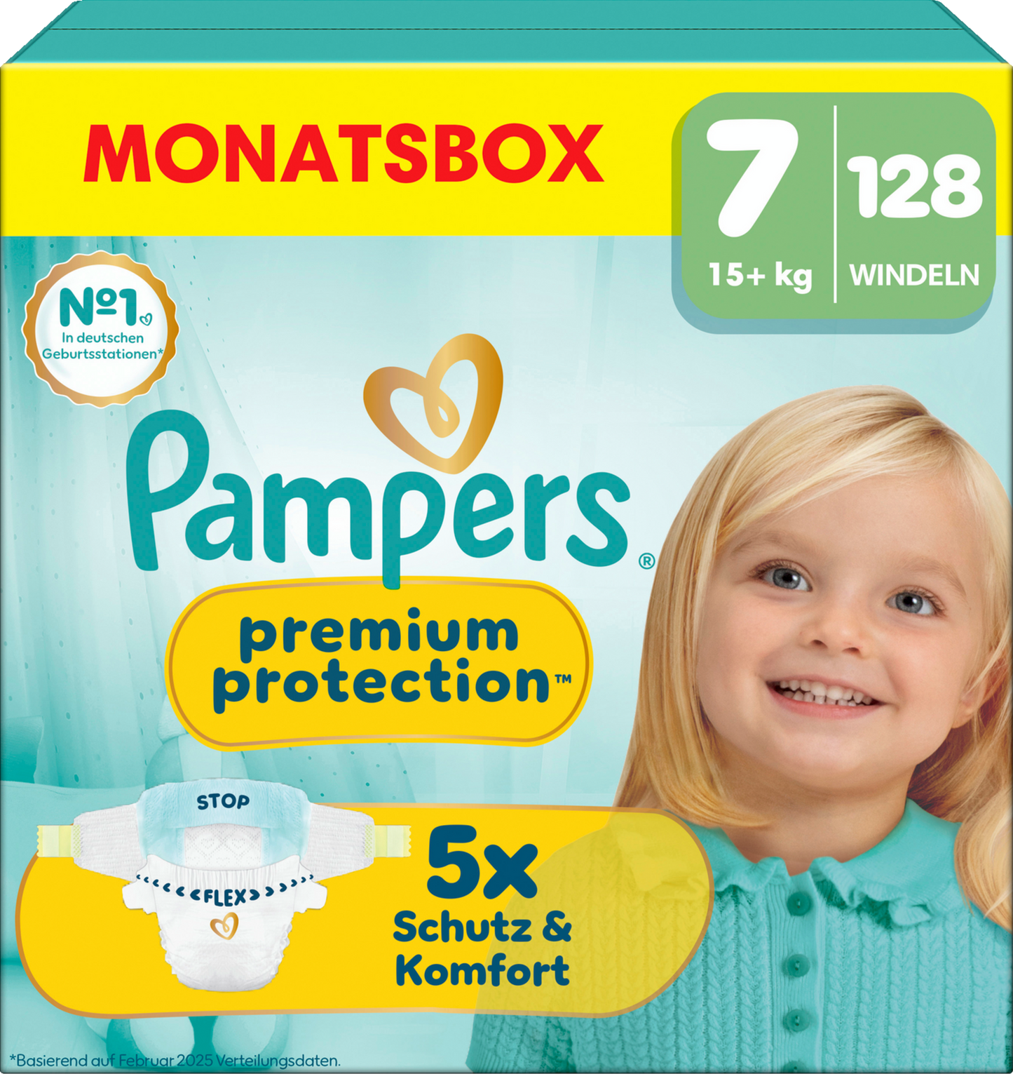 Pampers Premium Protection T7 XXL 15+kg (3x128 pces) PROMOTION 3 boîtes mensuelles