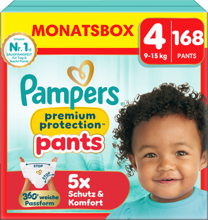 Pampers Premium Protection Pants T4 Maxi 9-15kg (3x168 pces) PROMOTION 3 boîtes mensuelles
