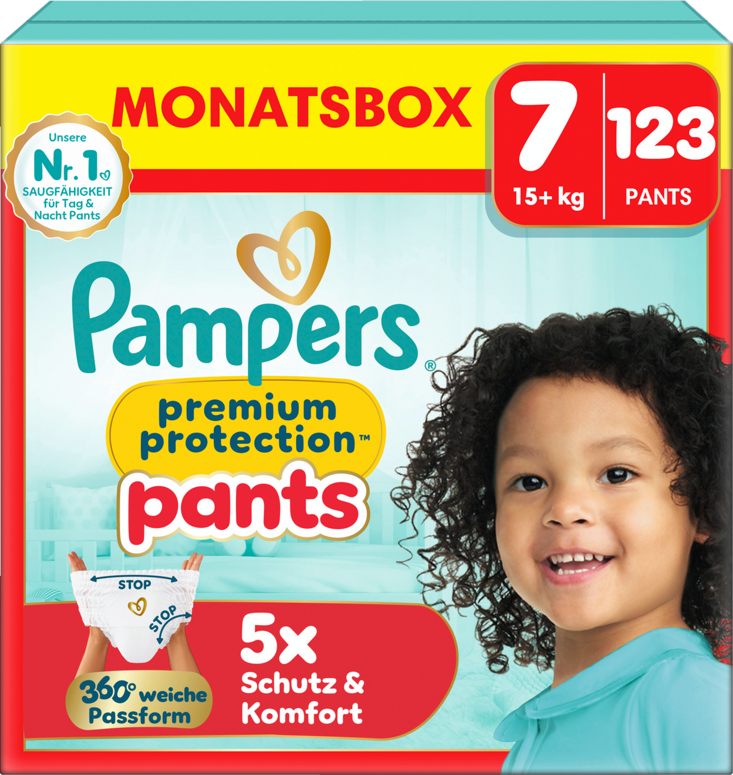 Pampers Premium Protection Pants T7 XXL 15+kg (3x123 pces) PROMOTION 3 boîtes mensuelles