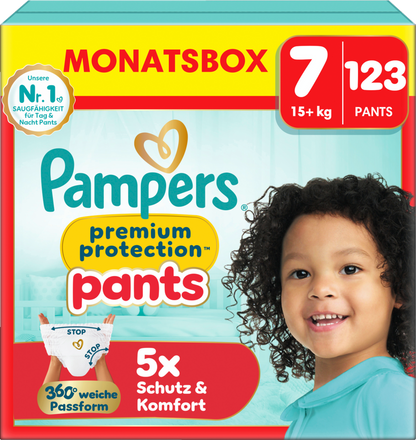 Pampers Premium Protection Pants T7 XXL 15+kg (3x123 pces) PROMOTION 3 boîtes mensuelles