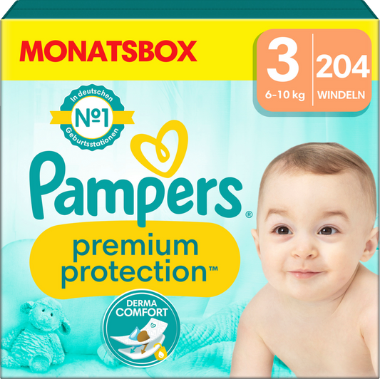 Pampers Premium Protection T3 Midi 6-10kg (204 pces) Pack mensuel