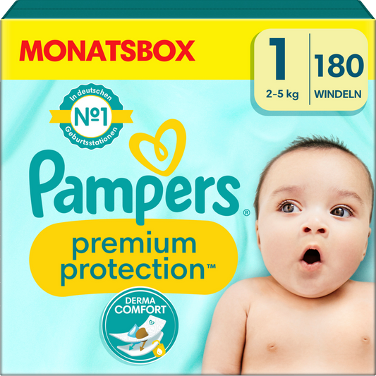 Pampers Premium Protection T1 Newborn 2-5kg (180 pces) Pack mensuel